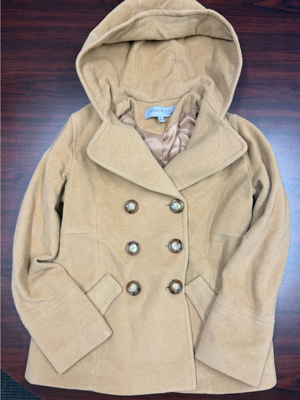 Anne Klein Girls' Camel Hooded Double-Breasted Peacoat